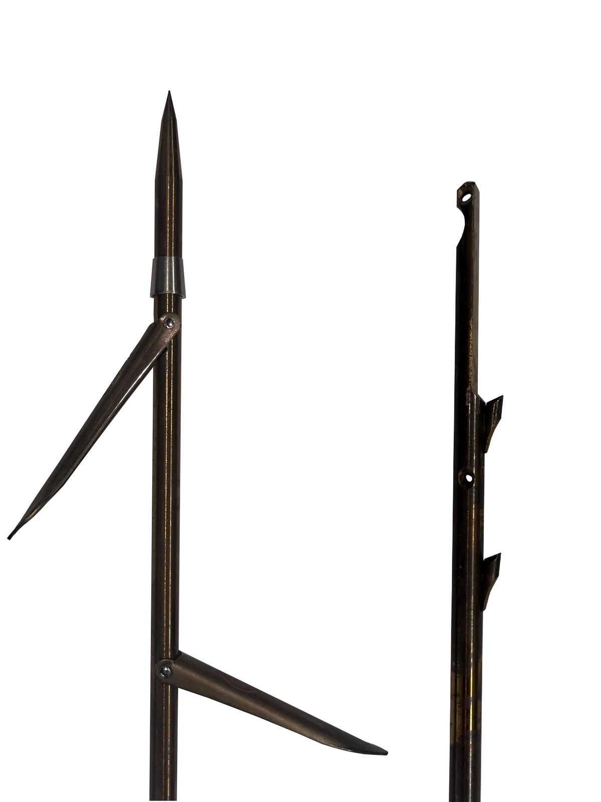 Double Flopper 8.5 x 140 spearfishing shaft made from 17-4 PH stainless steel with shark fins and Euro notch