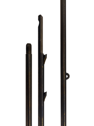 M8 Thread 8.5x148 speargun shaft made from 17-4 PH stainless steel with shark fins and Euro notch