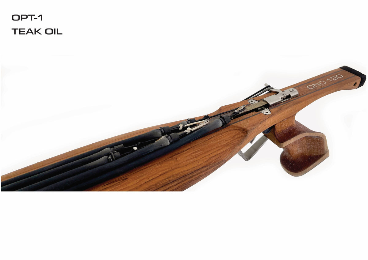 Burmese teak body of the RAEPU'U 120 premium speargun