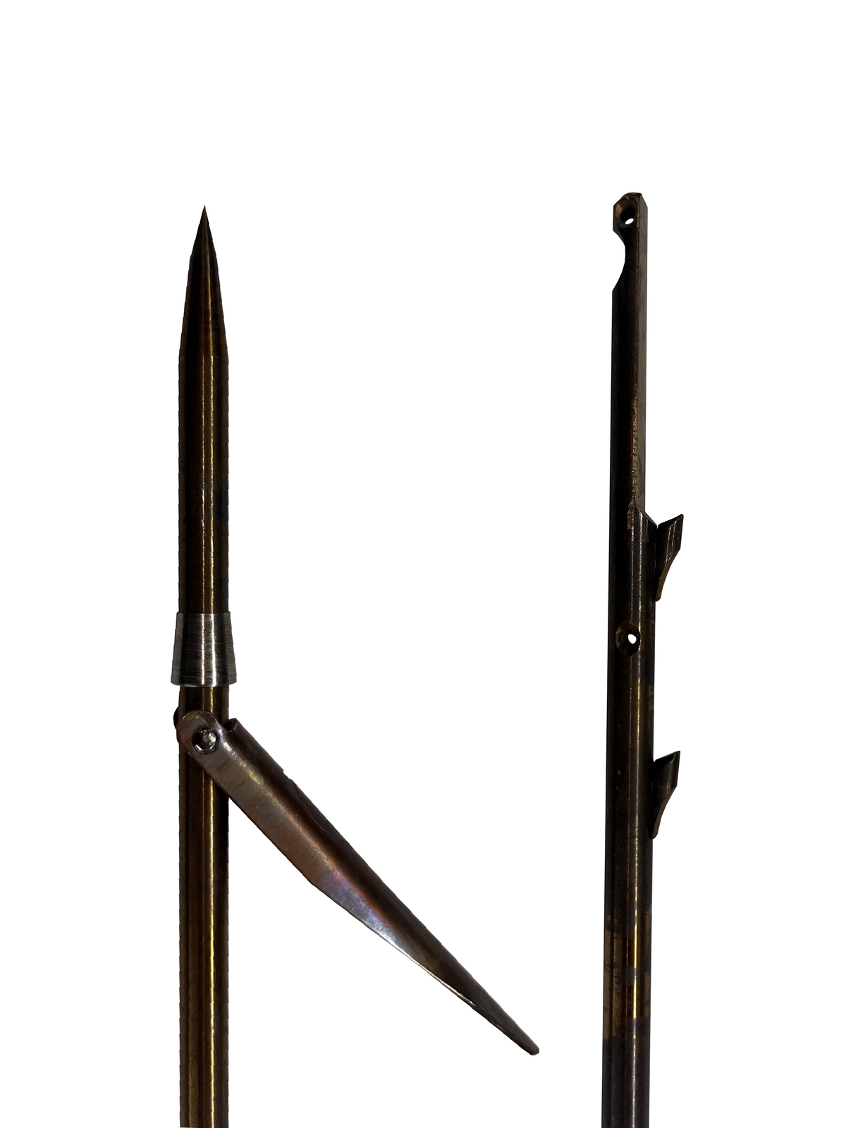 Single Flopper 7.5x130 spearfishing shaft made from 17-4 PH stainless steel with shark fins and Euro notch