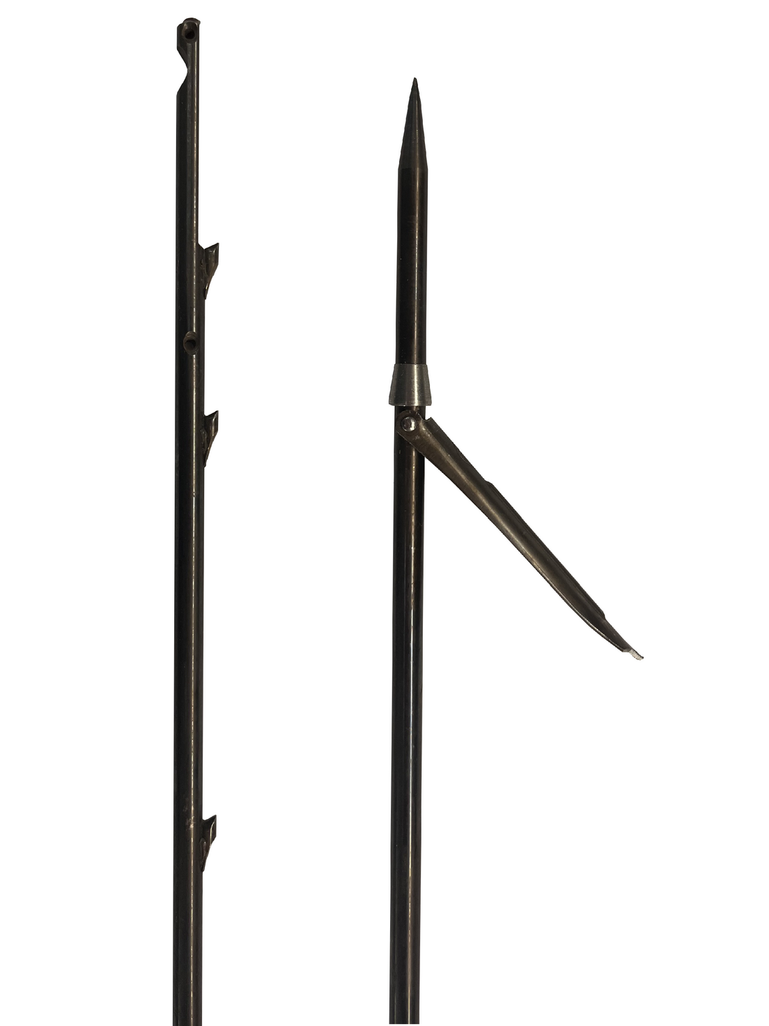 Single Flopper 6.5x140mm speargun shaft made from 17-4 PH stainless steel with shark fins and Euro notch